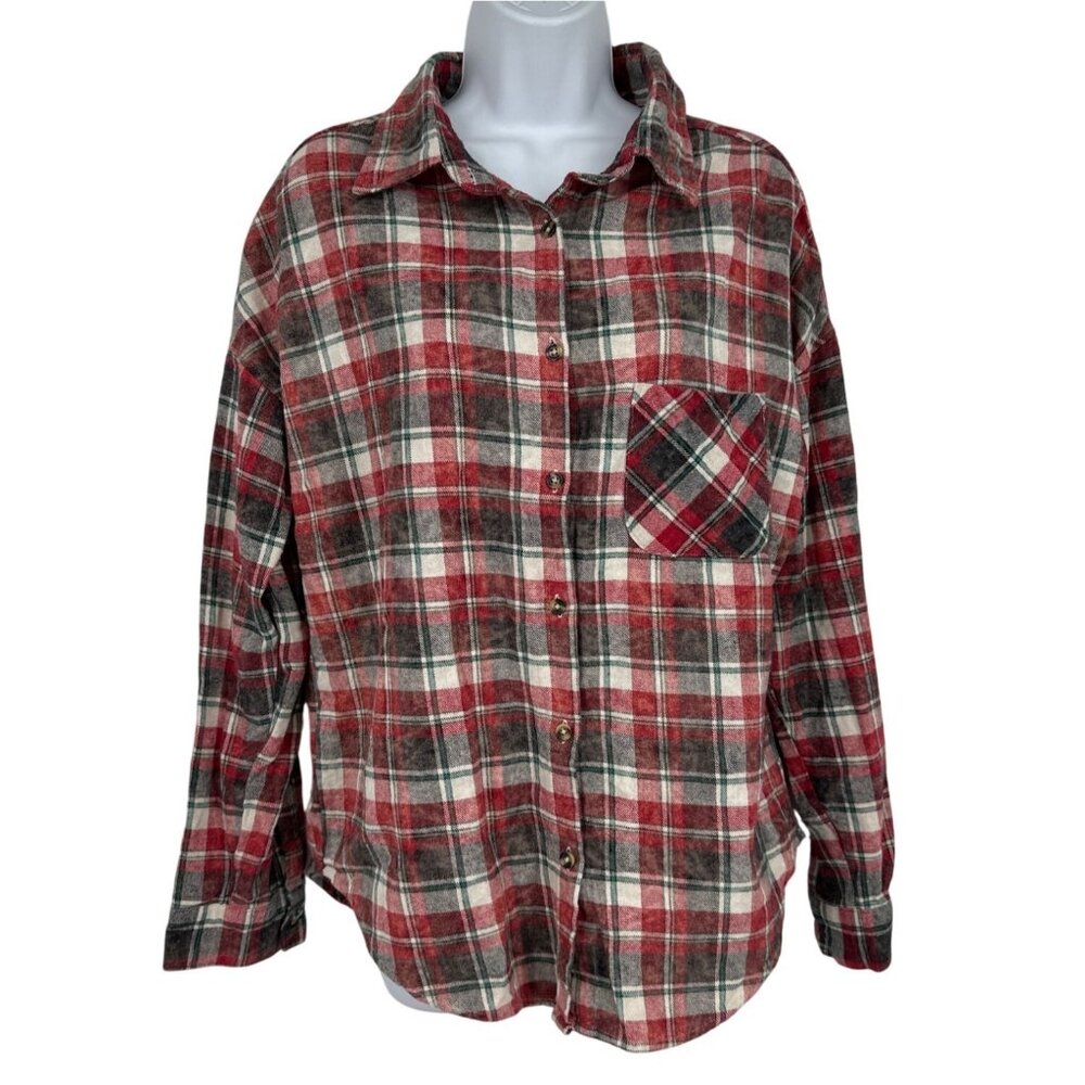 Brandy Melville Red & Green Plaid Button-Up Flannel Shirt One Size